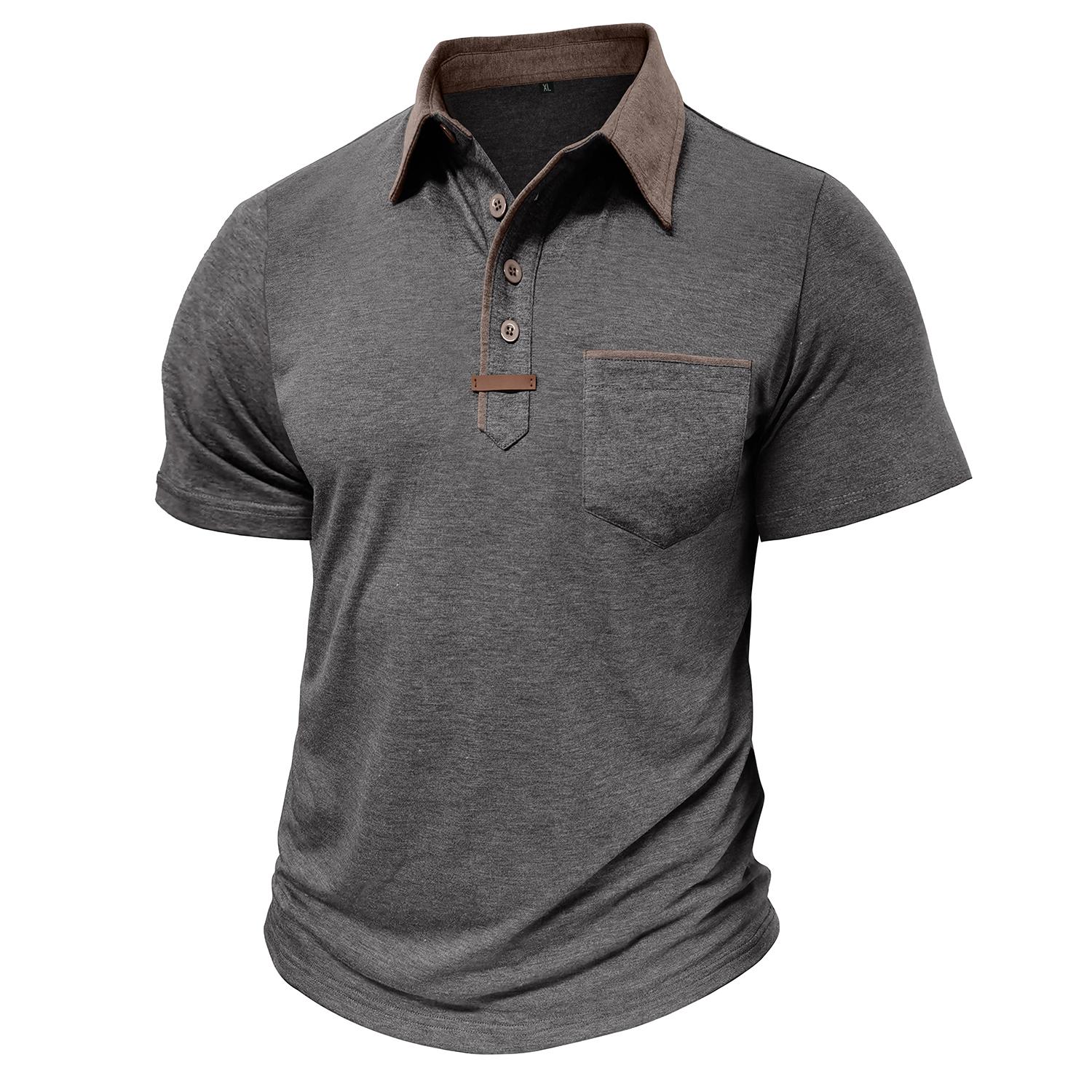 Bright Deer Heren T-shirts met korte mouwen Poloshirts met reverskraag en kleurblokkering Borstzak Zomertops Casual kleding 2XL donkergrijze kleur