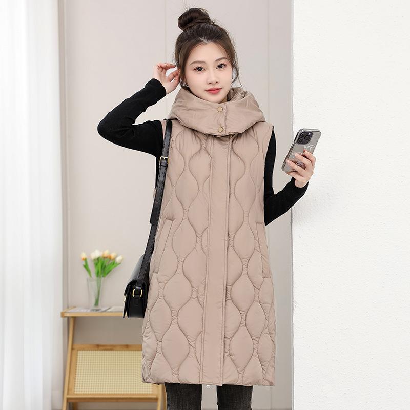 Cotton Vest Vest Women's Live Hat Medium and Long Solid Color Simple with Temperament Thin Loose Vest Jacket