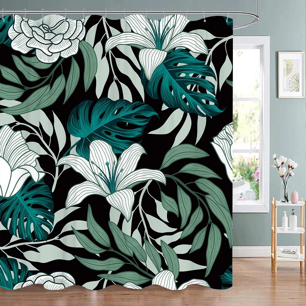 Botanical Flower Shower Curtain Tropical Leaves Fresh Flowers Polyester Fabric Washable Shower Curtain Bathroom Decor With Hooks