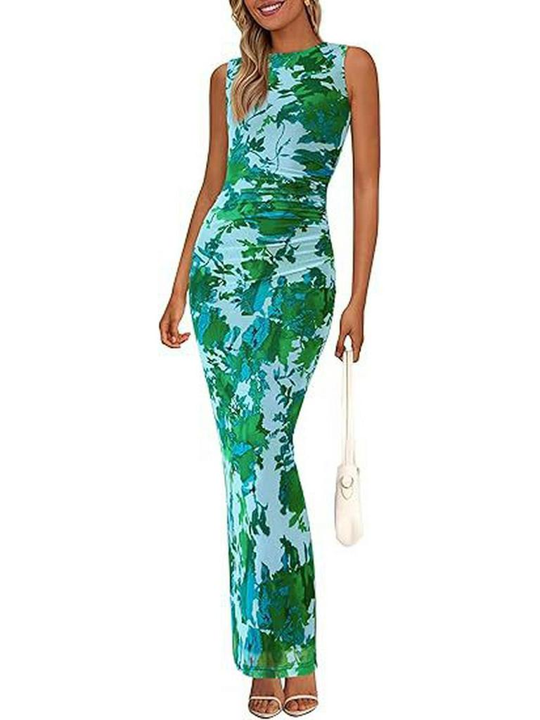 2024 Women's Floral Ruched Mesh Bodycon Dress - Sleeveless, Round Neck