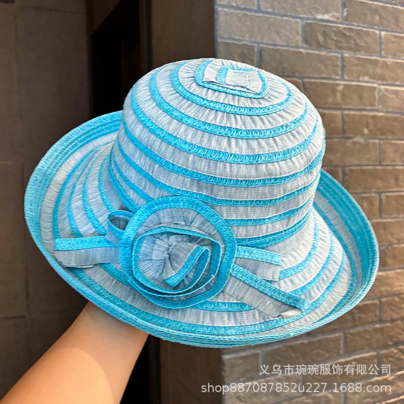 

Summer fashion striped bucket hat purple women s big eaves foldable outdoor sun hat simple flower travel sun hat M（56-58cm） небо синє кольору