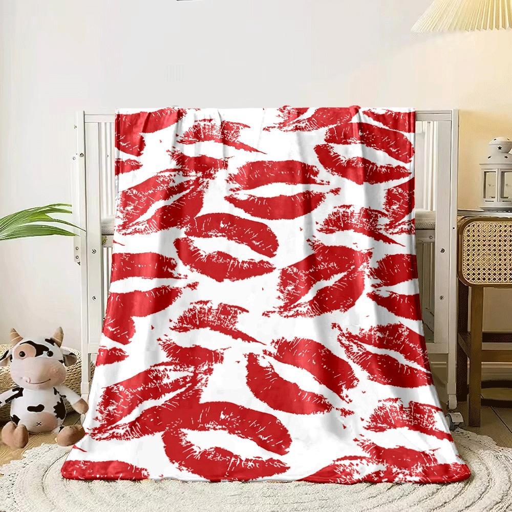 Red lipstick kiss prints scattered on a white background. for all seasons blanket lunch break throw gift 80cm x 120cm