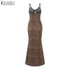 ZANZEA Women Summer Straps Slim Leopard Print Slip Long Dress