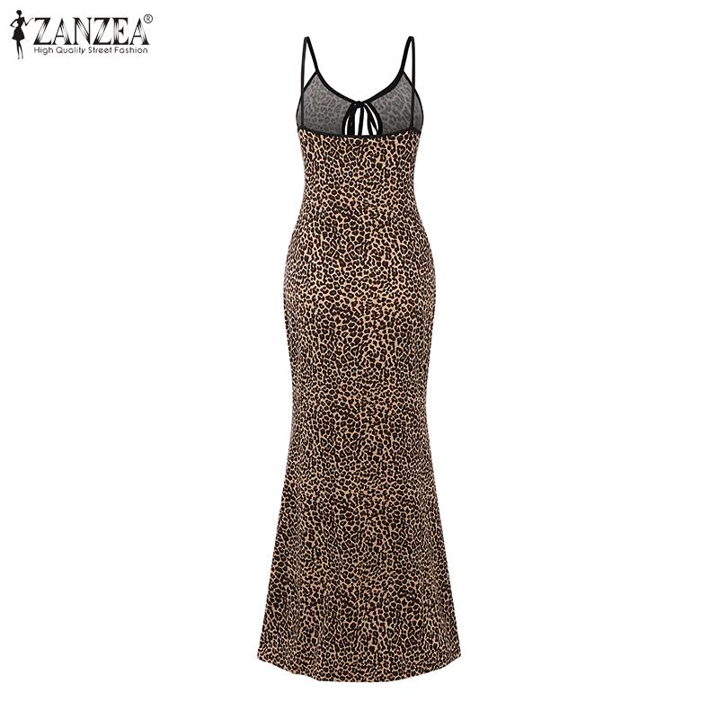 ZANZEA Women Summer Straps Slim Leopard Print Slip Long Dress