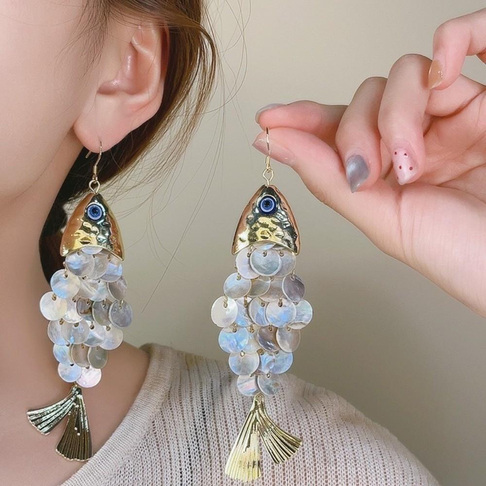Personality Fish-shaped Earrings Scaly Dangle Earrings Imitation Shell Tassel Earrings  Festival