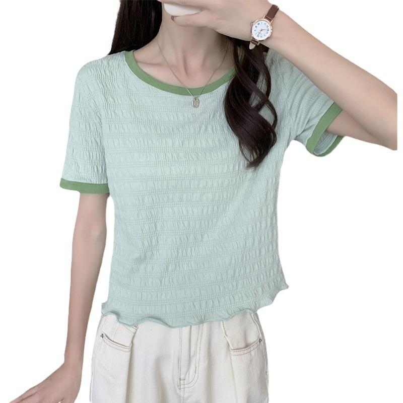 Women Summer Short Sleeve Round Collar Solid Color Pullover T Shirt Blouse Top