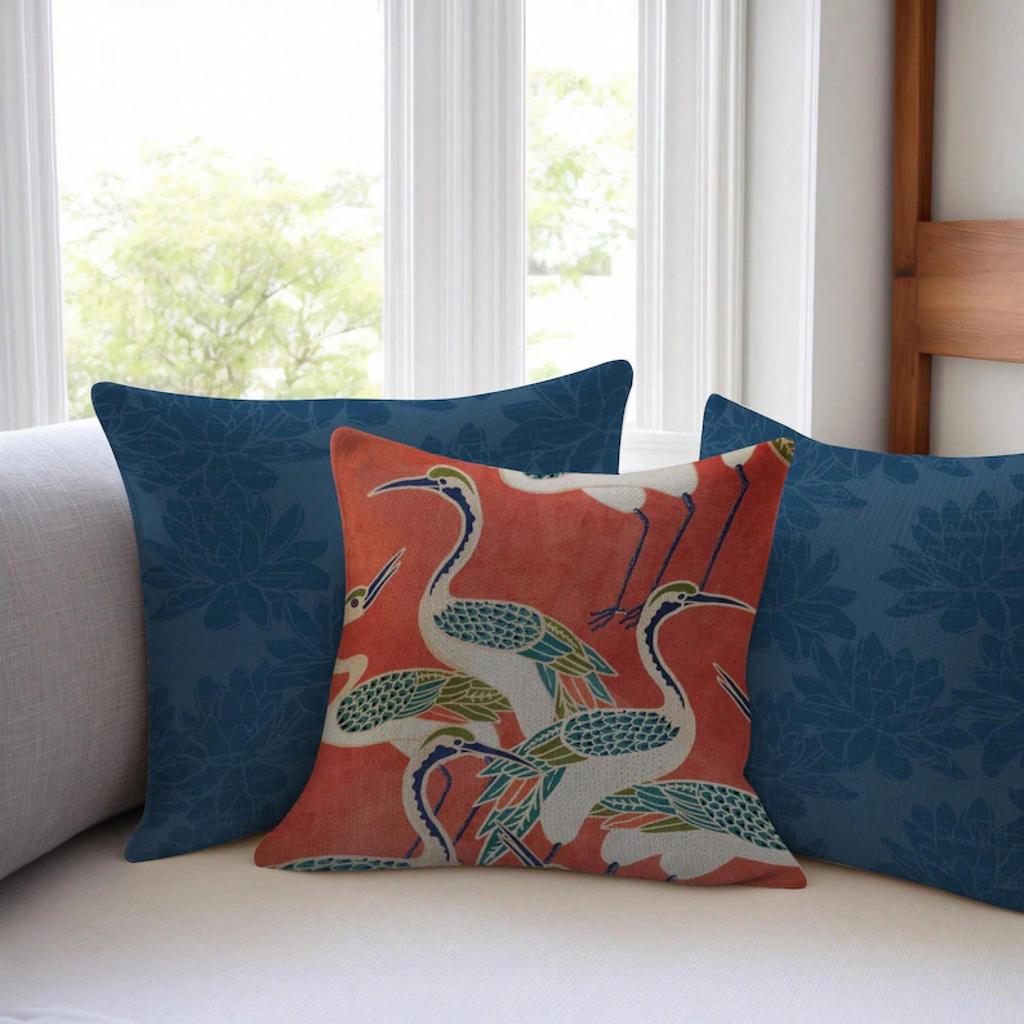 Art Deco Crane Pillow Cover: Rich Coral Or Pool Blue Outdoor Throw Pillows Cases