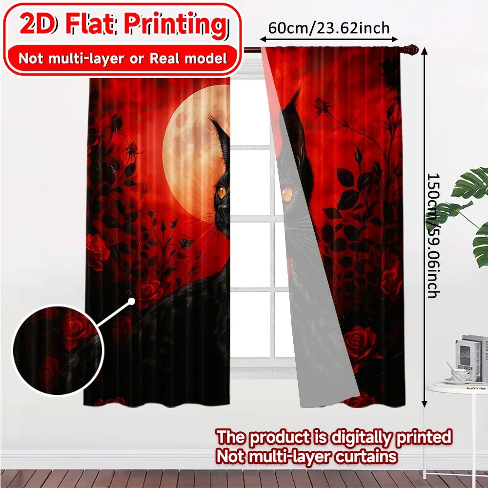 Set Of 2 Flat Printing Curtains Without Rod Moonlit Feline Halloween Festival Fashion Semi Festive Curtain With Light Filtering Polyester