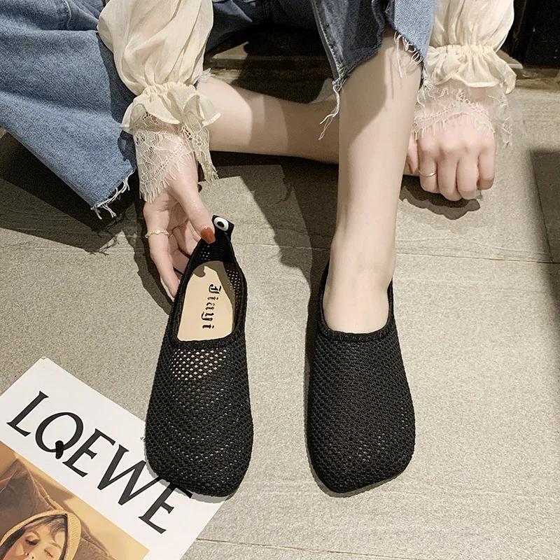 Women's Flat Shoes Square Toe Mesh Upper One Kick Shoes Women Leisure Daily Breathable Roman Anti-Slip Sole Zapatillas De Mujer