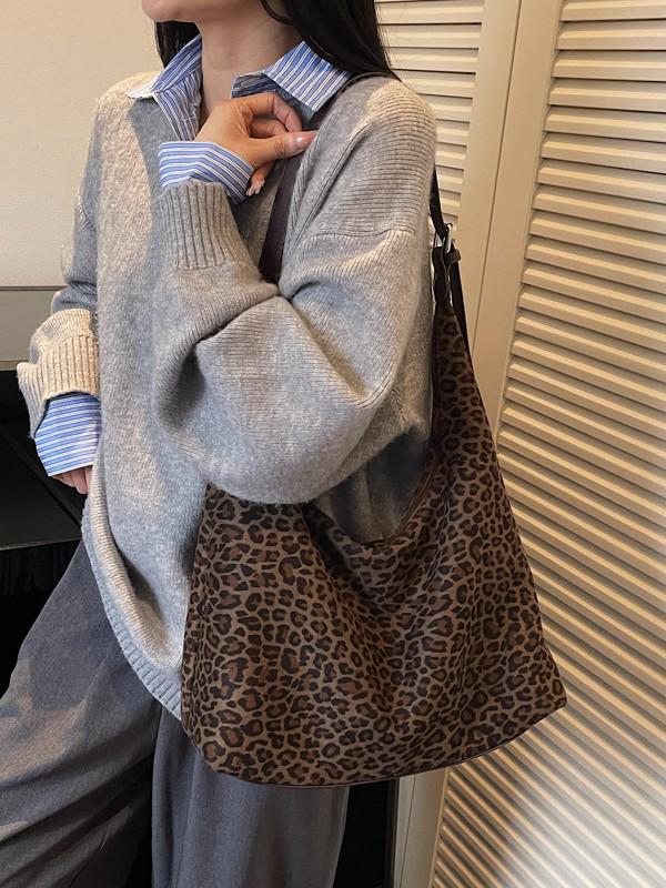 2025 New Retro Leopard Print Suede Tote: Large Capacity Autumn/Winter Shoulder Bag for Women - Korean Fashion Commute Style
