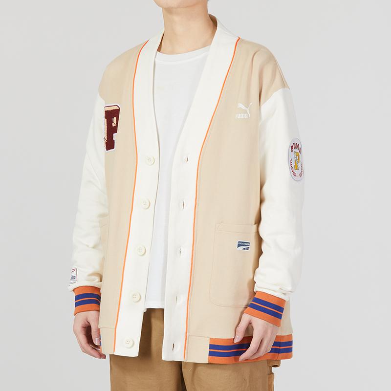 Puma Team Badge V-Neck Jacket With Contrast Logo Print Casual Knit Unisex Jacket Khaki 677374-67