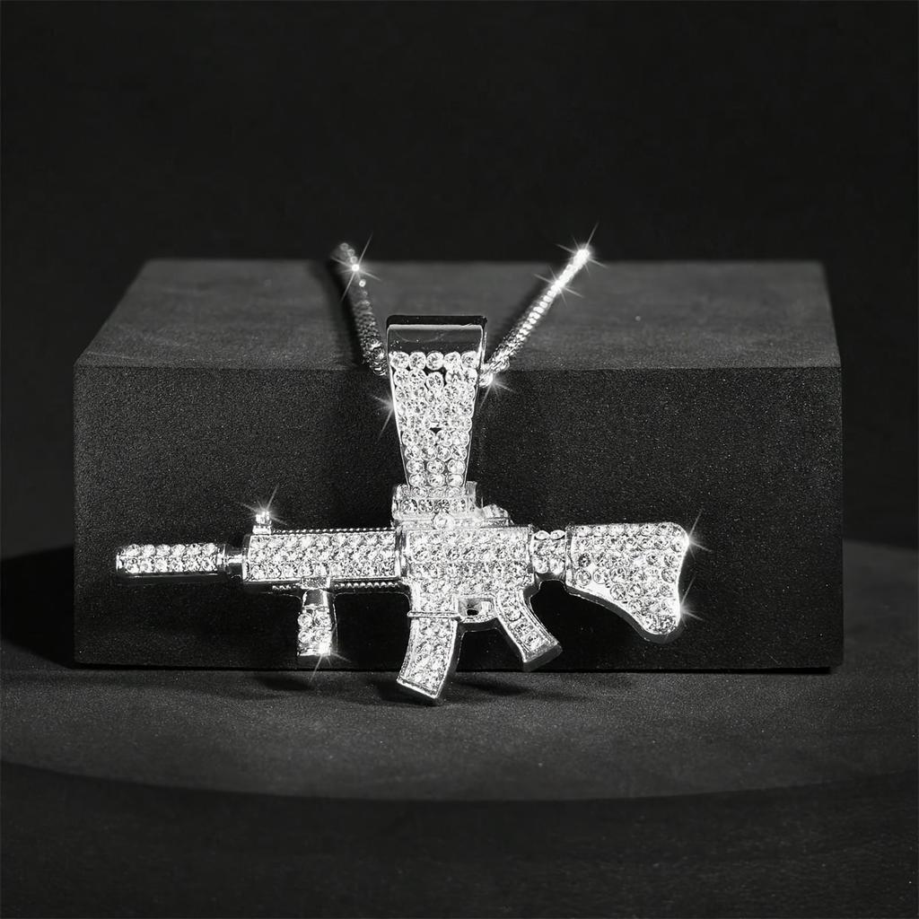 Módní HipHop Ak47 Samopal Přívěsek Náhrdelník Pro Muže Křišťálový Kubánský Řetízek Iced Out Bling Náhrdelník Punk Rock Bikerská Šperkařství