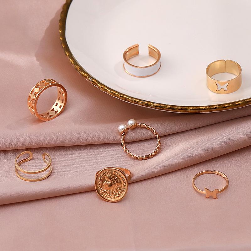 Ring, Fashion Pearl Opening Hollow Butterfly Drip Oil 7-Piece Ring Women