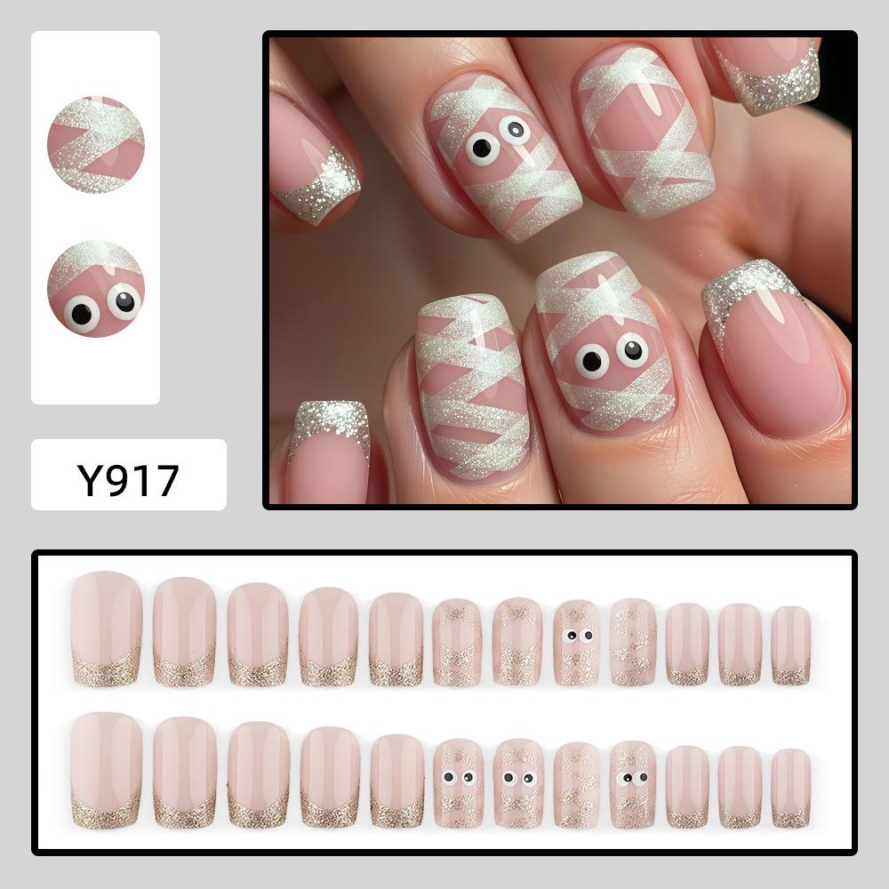 Cartoon Eyes Nail Tips: Halloween Mummy Style Fake Fingernails