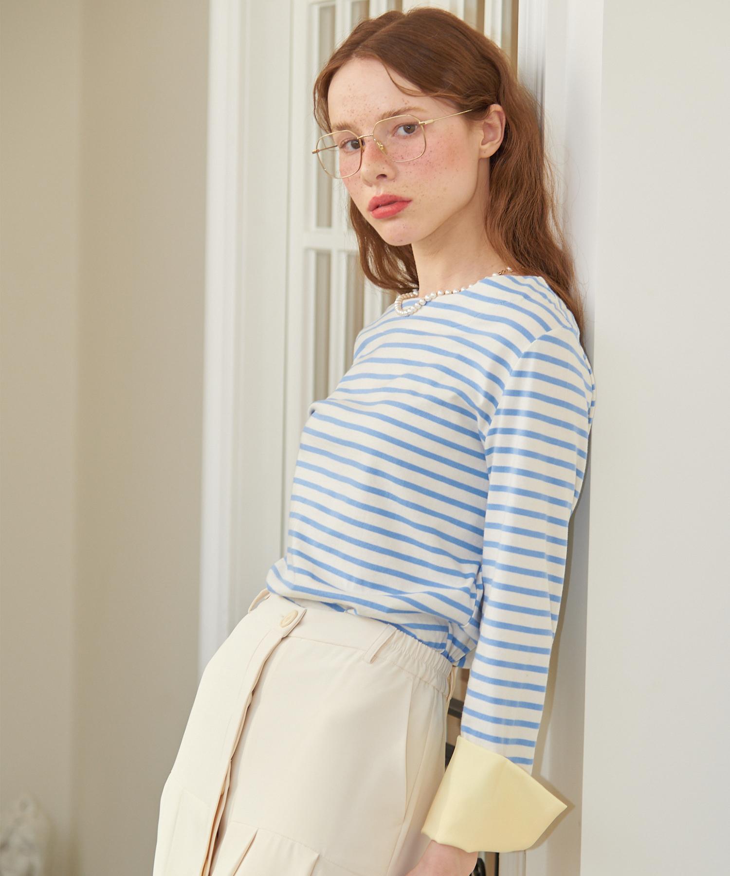 Salon De Yon Stripe Cuffs T_ Skyblue+Lemon Skyblue/Free
