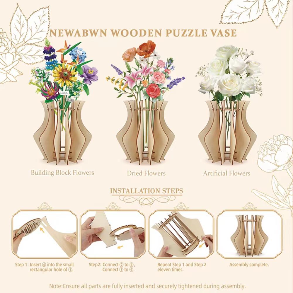 3D Wooden Puzzle Vase Wood Craft Fake Bouquet Holder Creative Flower Display Stand  Coffee Shop