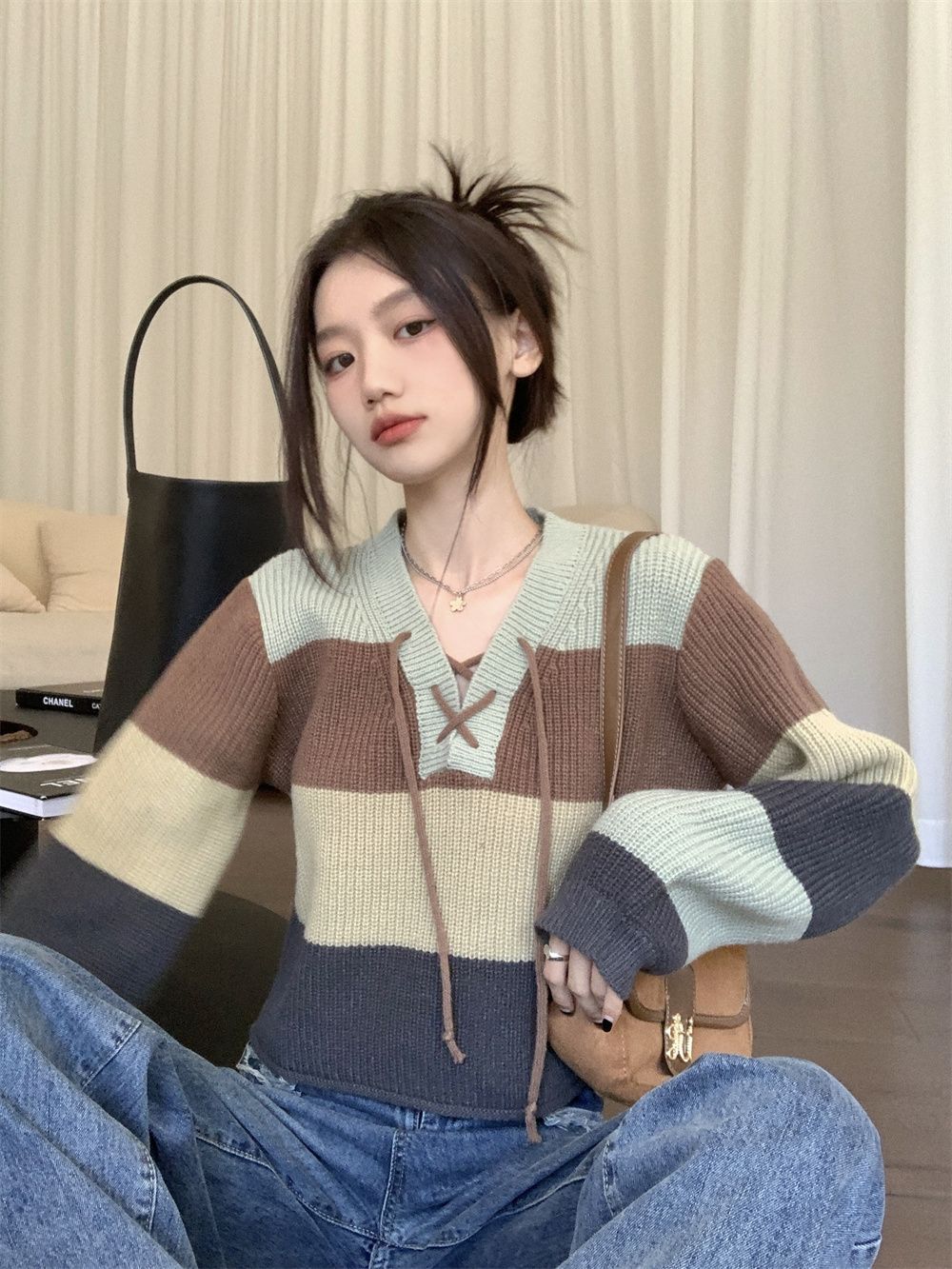 

Контрастный свитер Biyaby со шнуровкой и V-образным вырезом в стиле преппи для женщин, базовые вязаные пуловеры с длинным рукавом для женщин, осенний свободный трикотаж 2023 года one size fits all зелёный