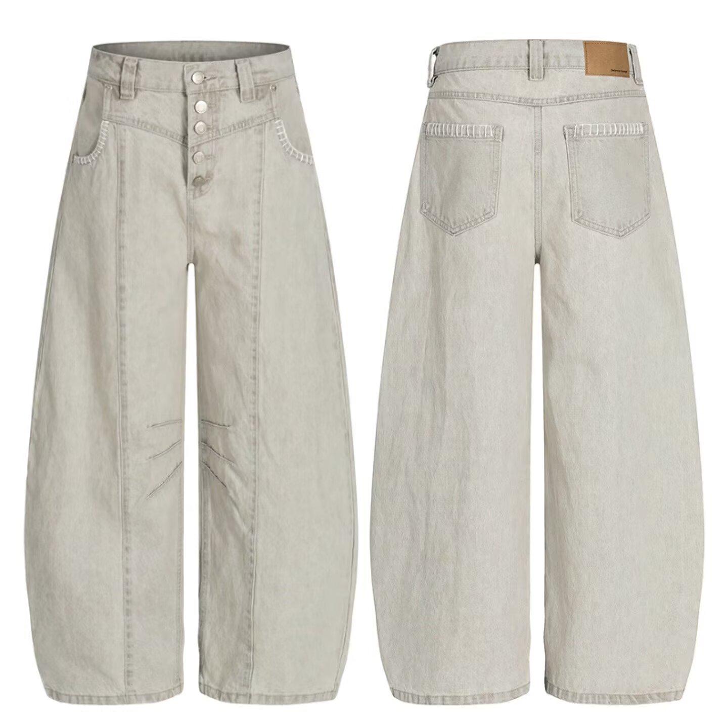 

Unisex American Retro Gray Denim Jeans - Five-Button, Wide-Leg, Loose Fit, and Casual Style XL светло-серый