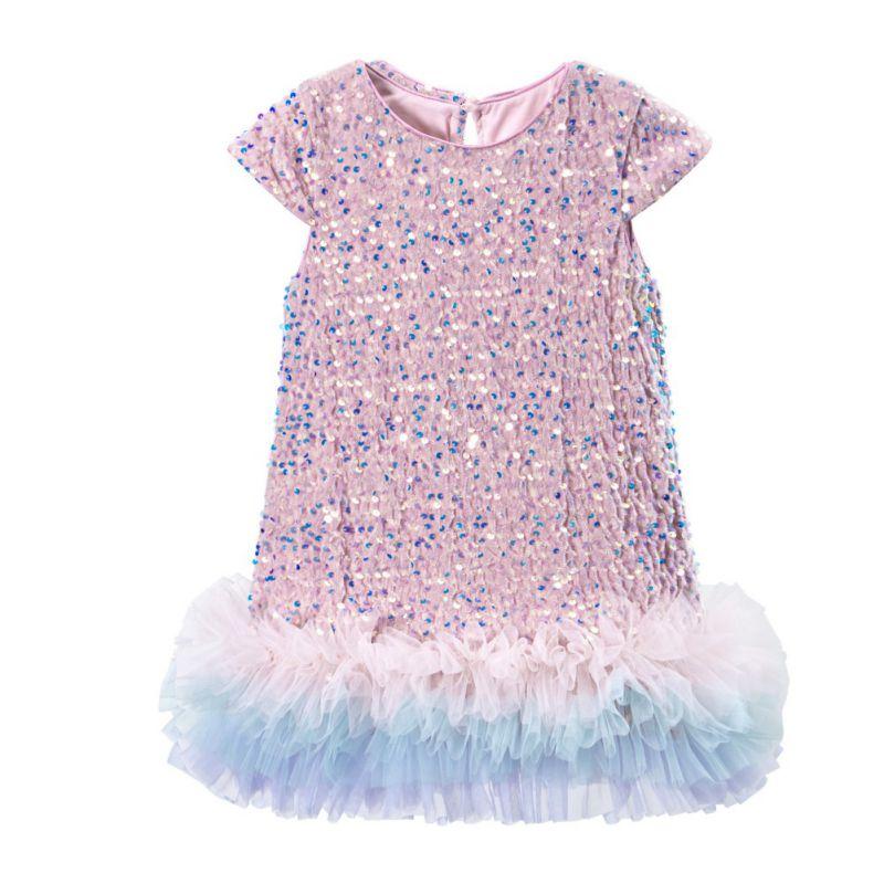 3-9 Years Kids Girls Sequin Dress with Tulle Hem