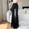 Retro Hong Kong Style Patchwork Lace Bell-bottom Pants for Women New Summer Thin Casual Elastic High-waist Leisure Pants