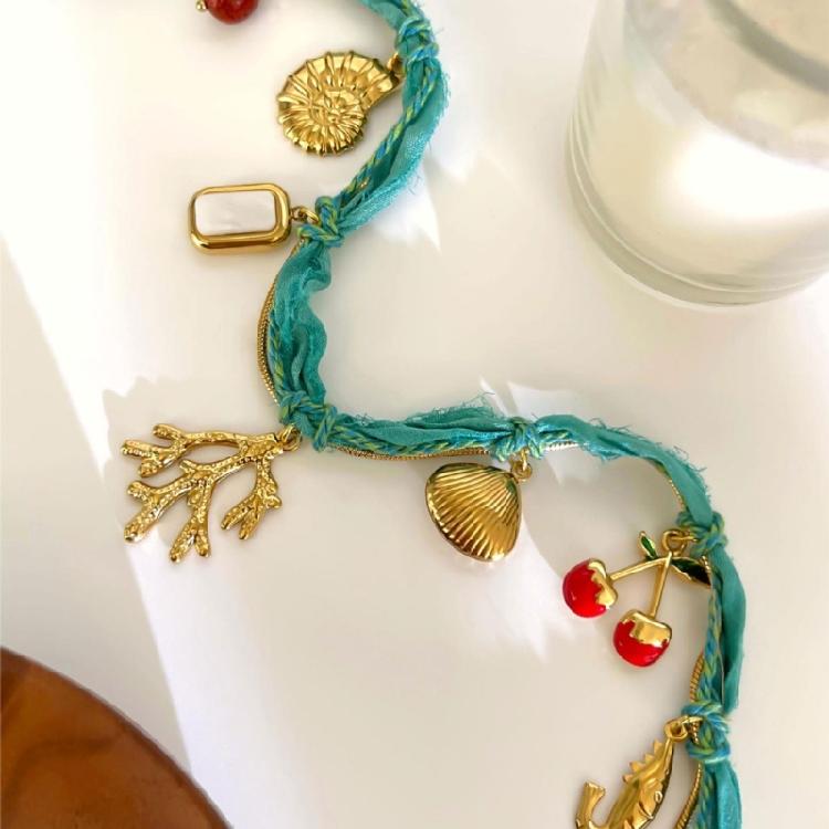 Adjustable Summer Beach Necklace Multilayer Fabric Design Shell Conch Fruit Pendant Neckchain For Casual Styling