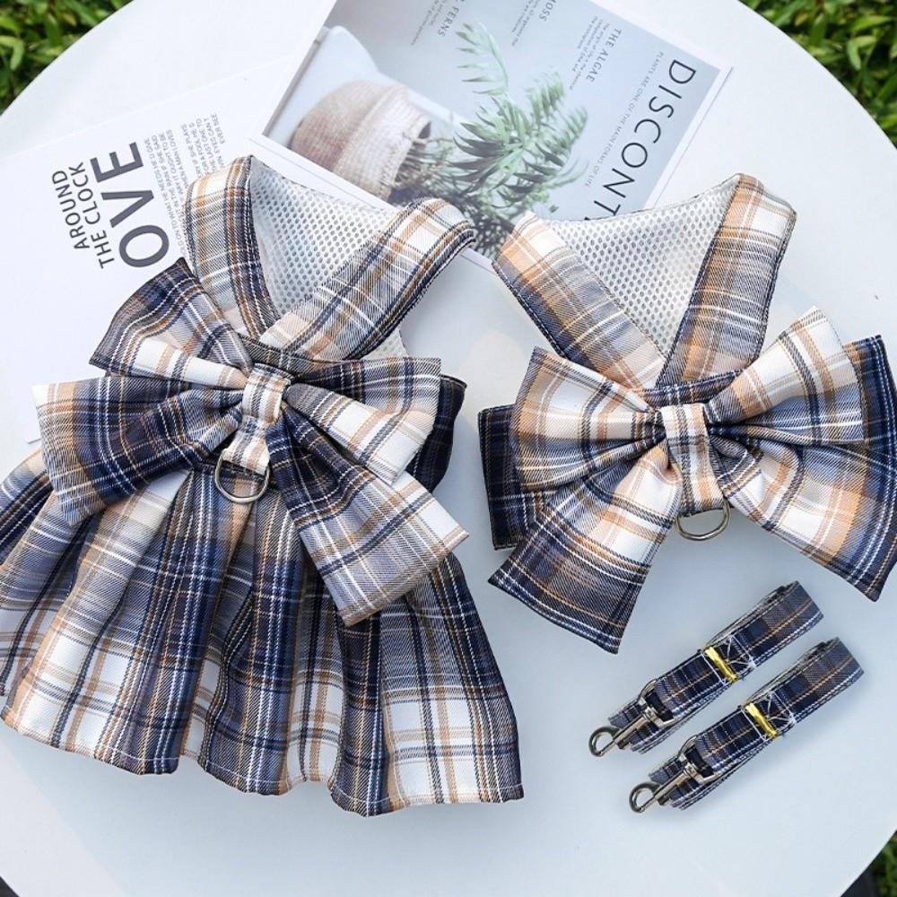 Adjustable Dog Dress Set Mesh Breathable Sweet Bow Plaid Harnesses with Traction Rope Comfortable Puppy Outfits Spring Summer