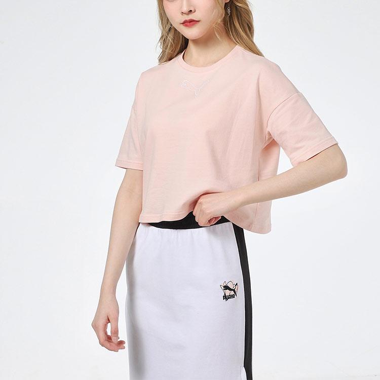 Puma T-shirt d'entraînement de course à pied couleur unie col rond manches courtes pour femmes Tops Rose 845965-27