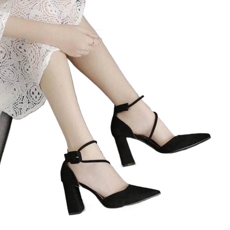 2025 Black Sexy High Heels Niche Strap Women's Sandals Sharp Pointed Fashion Elegant Shoes Ladies Trendy Thick Heel Sandals