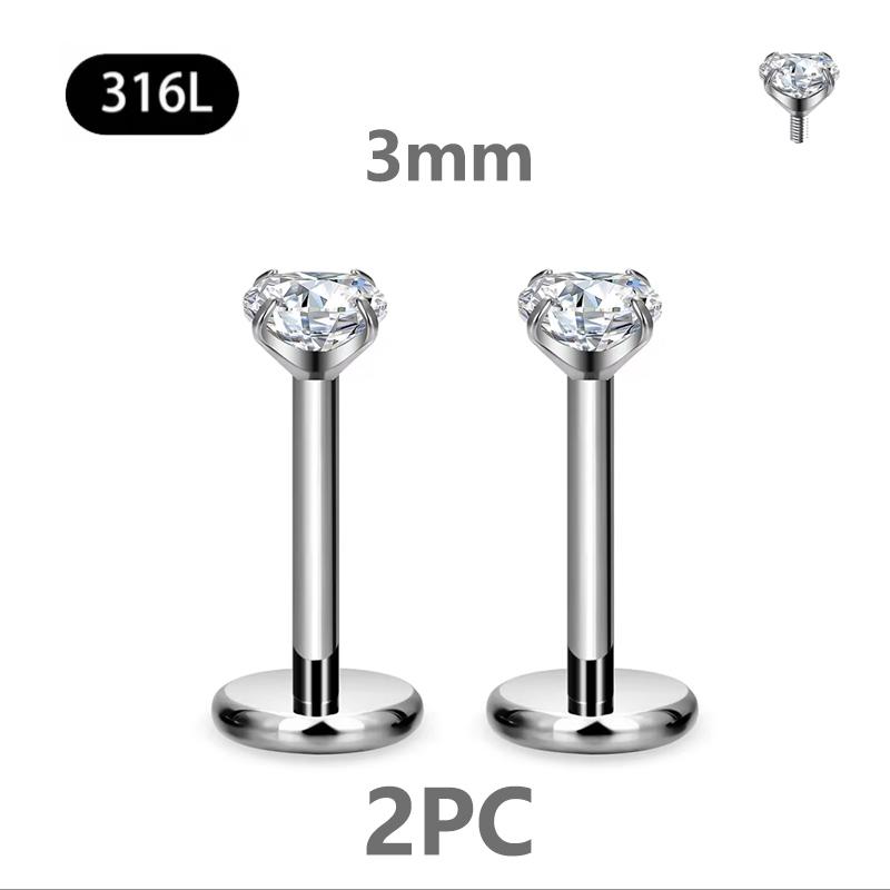 2/4PC Labret Tragus Stud Earrings 16G Surgical Stainless Steel CZ Crystal Monroe Helix Cartialge Conch Medusa Lip Body Piercing