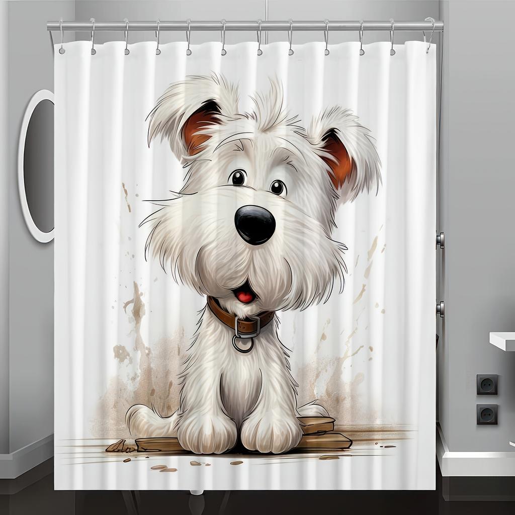 Cartoon Puppy Digital Print Shower Curtain, Bathroom Decor with Free Hooks, Machine Washable, Reversible Polyester Fabric