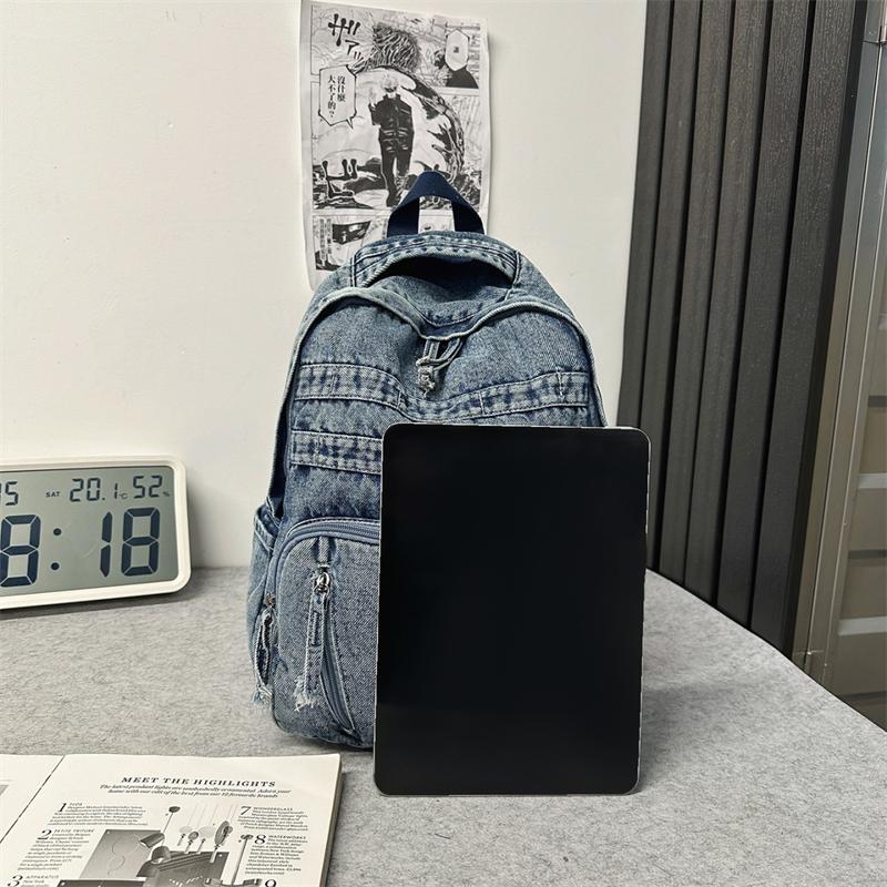 Denim Backpack Large Capacity Student Schoolbag Travel Commuter Backpack