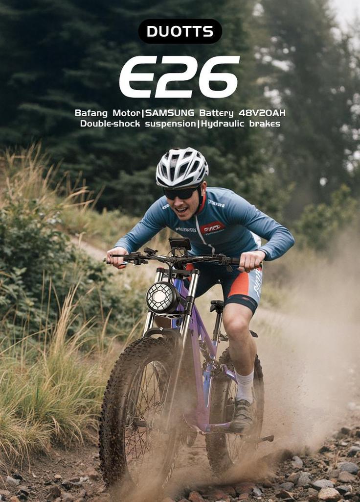 DUOTTS E26 Elektrofahrrad, Samsung 48V 20Ah Akku, Vollfederungssystem, 26-Zoll-Reifen, maximale Reichweite 60-120 km.