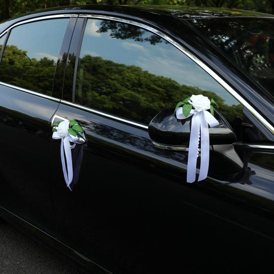 Wiederverwendbare Hochzeitsauto-Dekorationen Künstliche Weiße Rosen-Dekoration, Türgriff & Rückspiegel Blumenstrauß Märchen-Dekor mit Satinband-Schleife