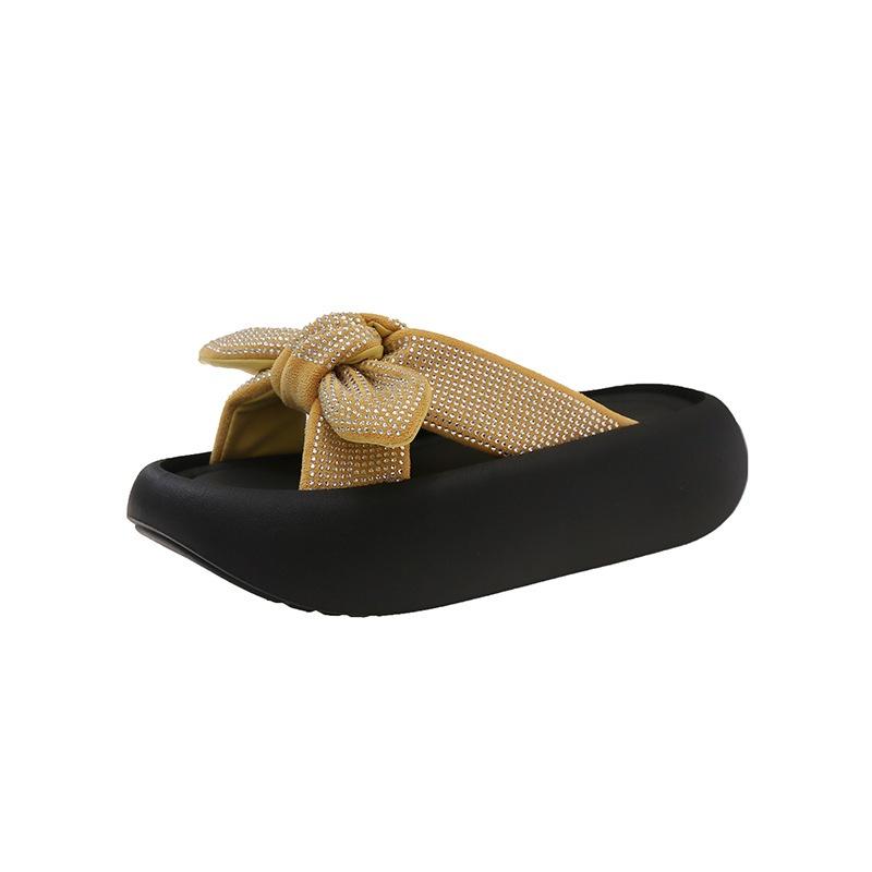 Fairy Rhinestone Bow One-word Female Outer Wear 2025 Summer Temperament Versatile Sandals Thick-soled Beach Slippers
