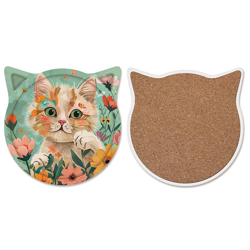Cat Ceramic Coasters Cork Bottom Coffee Coaster Non-Slip Durable Heat Insulation Mats Home and Decoration Kitchen Utensils