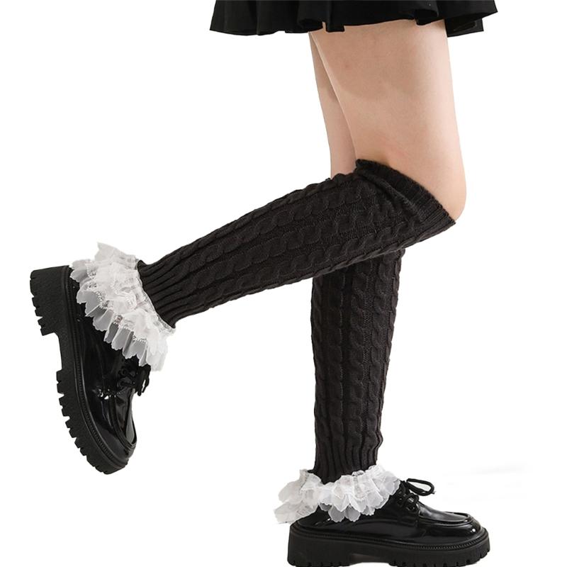 Cable Knit Leg Warmers Knee Length Socks Japanese Women Sweet Layered Ruffled Lace Trim Boot Cuffs Leg Covers Stockings