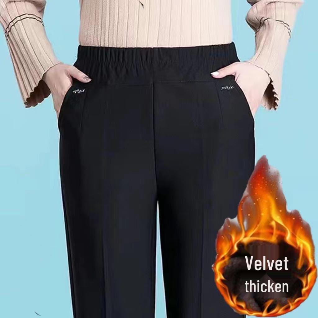 Velvet-Lined High-Waisted Straight Leg Pants for Middle-Aged & Elderly Women - Spring & Autumn Winter Wear