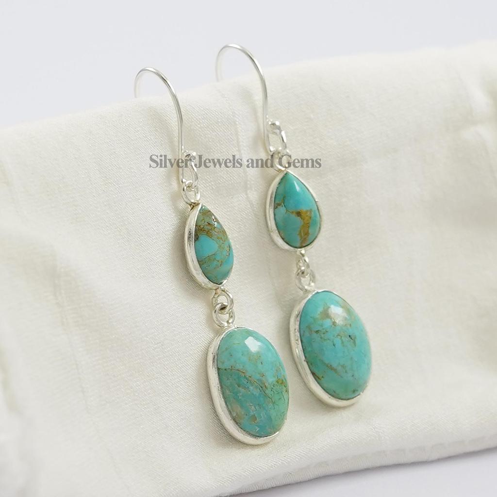 Natural Arizona Turquoise Earring, Hanging 2 Stone Bezel Earring, 925 Sterling Silver Earrings, Wedding Gift, Handmade Long Earrings