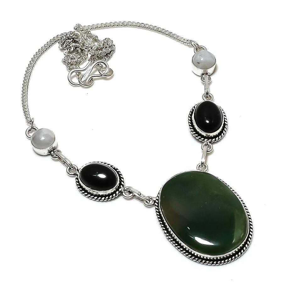 Natural Serpentine, Onyx Gemstone 925 Sterling Silver Jewelry Necklace 18" ASN-6128