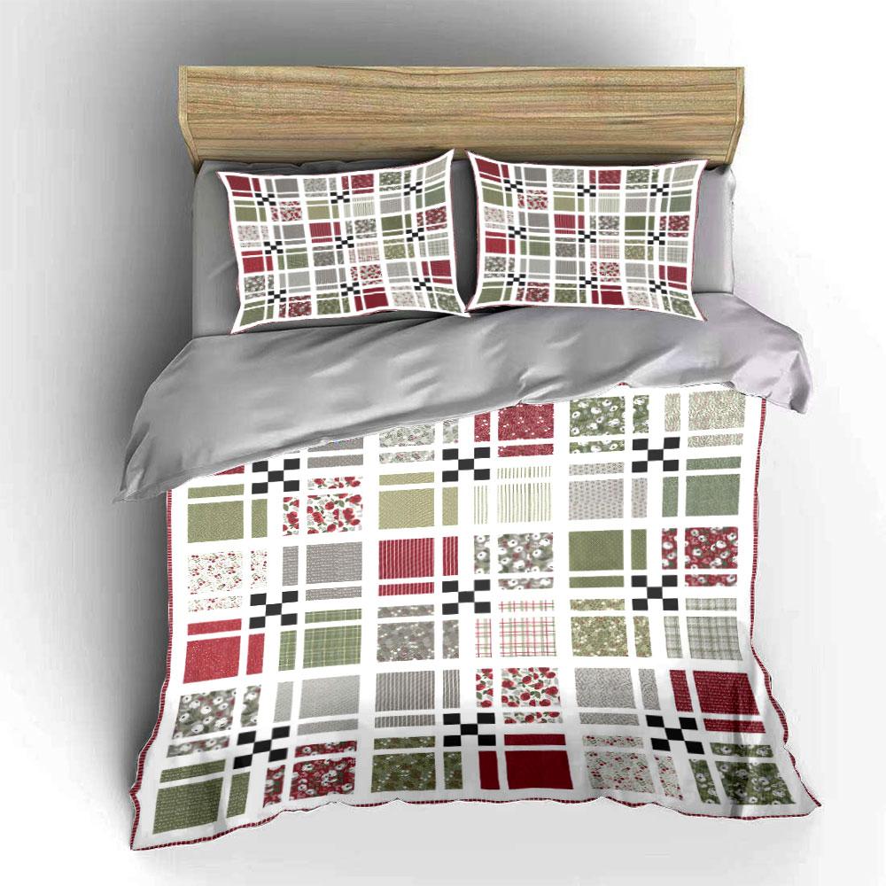 Vintage Red Green Floral Patchwork Quilt Bedding Set Country Plaid Dot Stitch Grid Print 1 Duvet Cover And 2 Pillowcase Gift