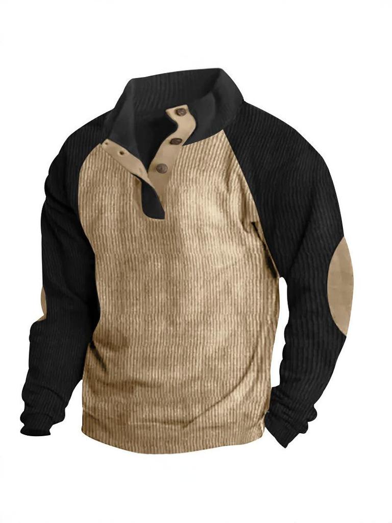Men's Corduroy Color Block Stand Collar Hoodie - Casual Long Sleeve Top for Spring and Autumn