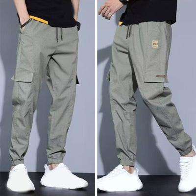 Men Cargo Pants Loose Ankle-banded Multi Drawstring Elastic Breathable Waist Soft Pockets Solid Color Gym Traning Jogging Sweatpants Long