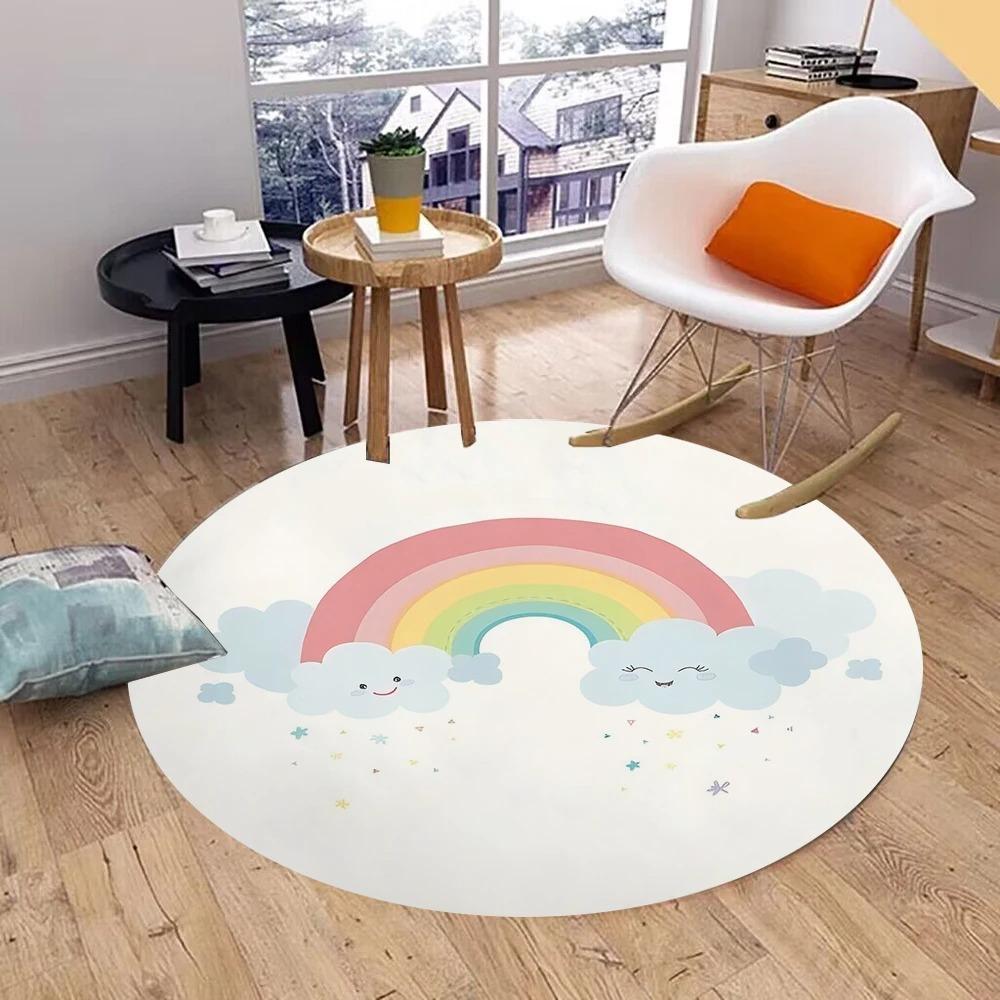 Runde Regenbogen-Wolken-Teppichmatte Teppich Heimdekoration Kinderzimmer Cartoon-Muster Bodenmatte für Wohnzimmer Kinderzimmer Schlafzimmer Dekoration