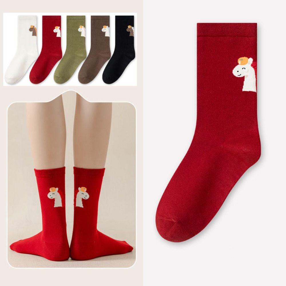 Cartoon Year of The Horse Socks Mid Calf Zodiac Year Cotton Socks Cute New Year Tube Socks Women