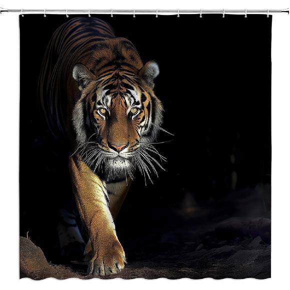 Tiger Shower Curtain Cool Powerful Animals Big Cat Wild Animal Asian Bathroom Decor Curtain with Hooks,Black Brown