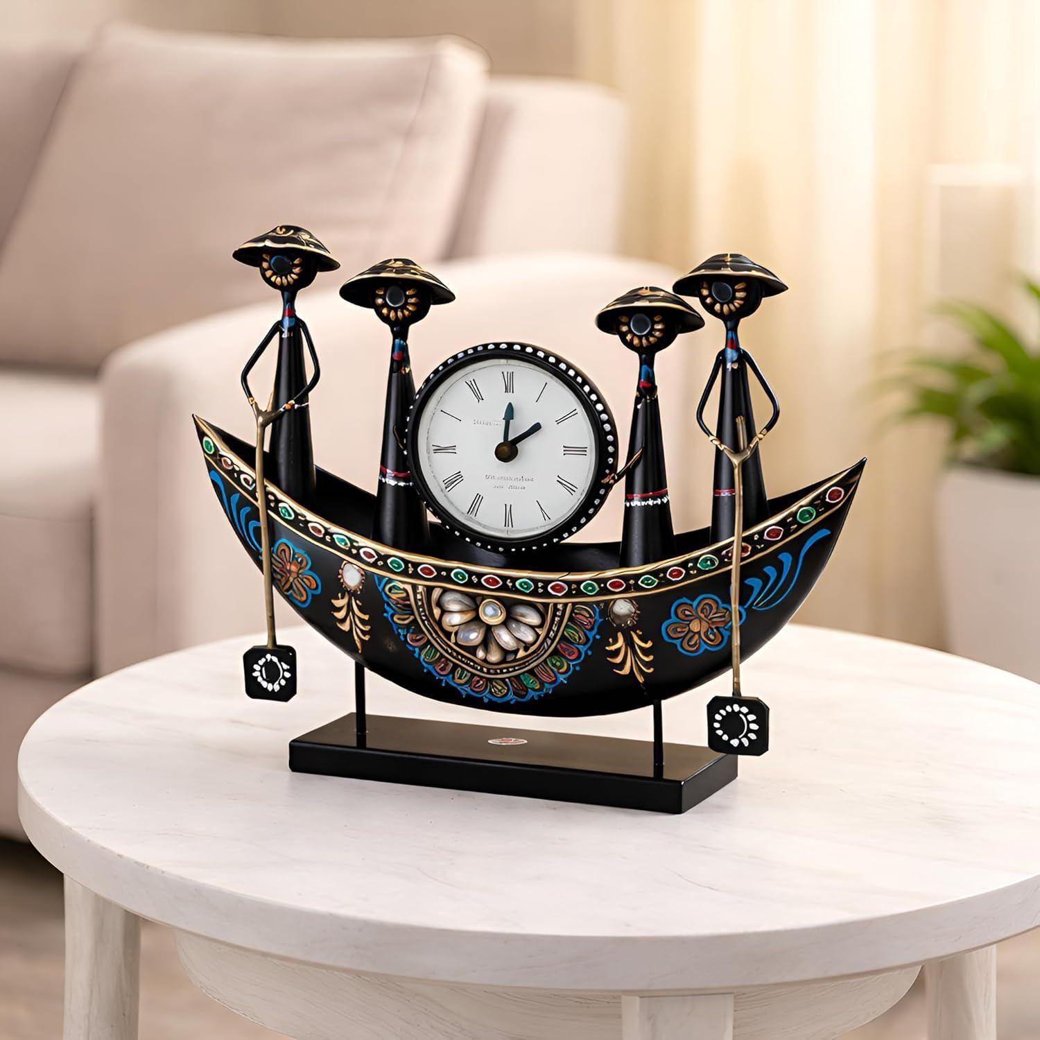 Vintage Metallic Ship Tabletop Clock Showpiece