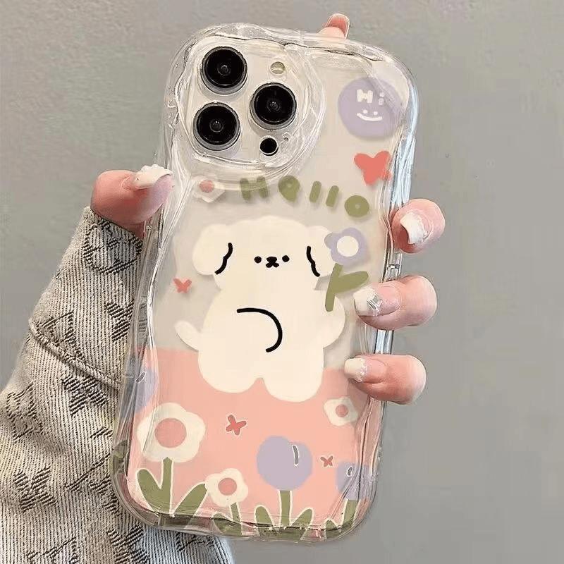Cartoon Flower Little White Dog iPhone17Promax Mobile Phone Case Transparent for Apple 16promax Cream Case