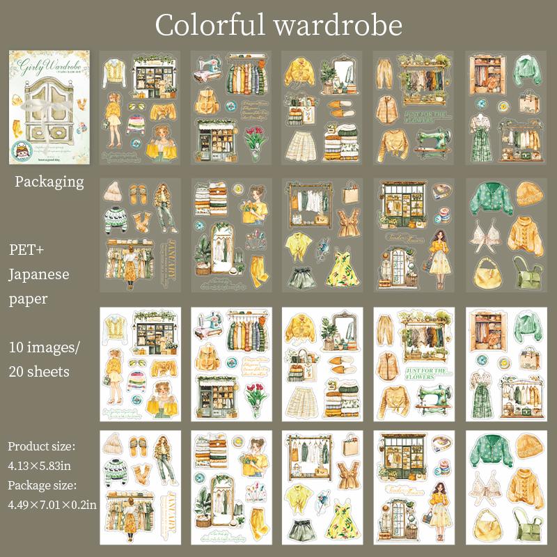20Sheets/bag Creative Wardrobe Themed Dual Material Stickers Notebook Sticker Diary Clippings Collages Background DIY Decoration