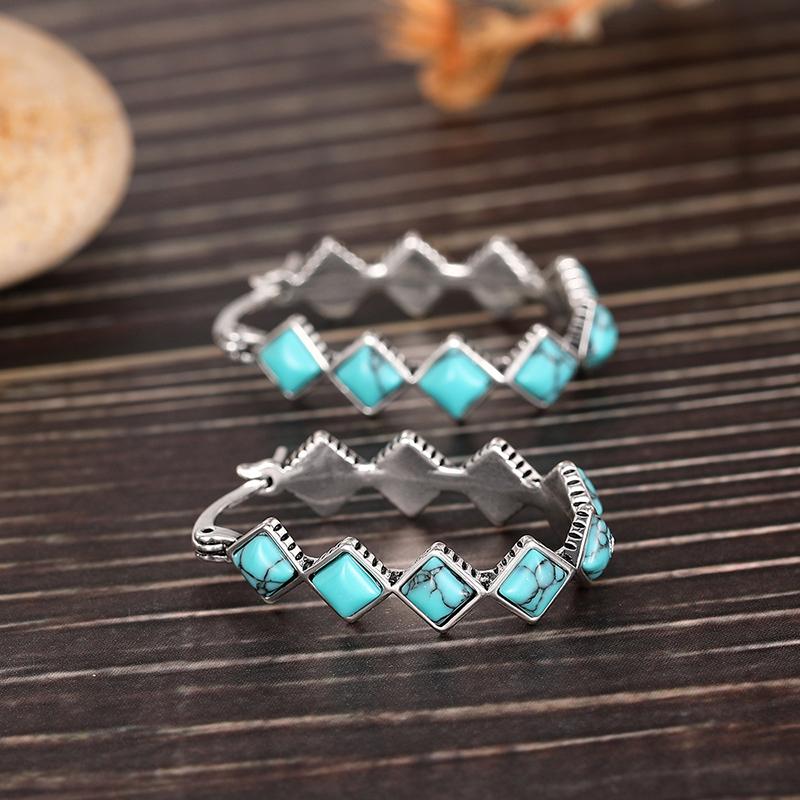 Boho Square Imitation Turquoise Earrings for Women Anti Silver Color Retro Hoop Earrings Anniversary Gift Bohemia Jewelry
