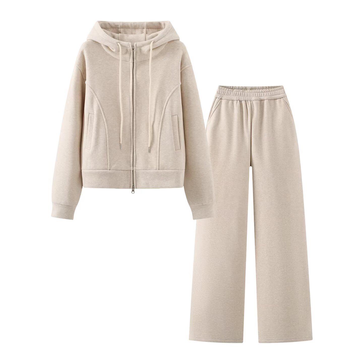 

Women s European & American Style Fall/Winter Fashion: Double-Sided Fabric Hoodie + Pants Set. One Size абрикосовий